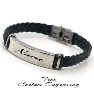 Mens leather bracelet with name plate and silver locket.